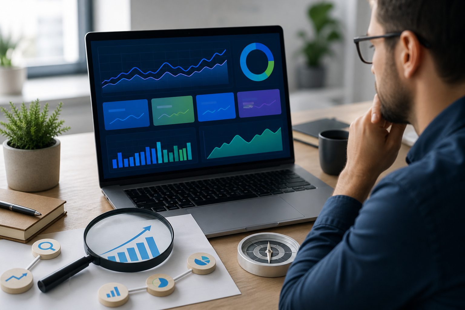 SEO analyst reviewing Google Analytics traffic and search performance charts